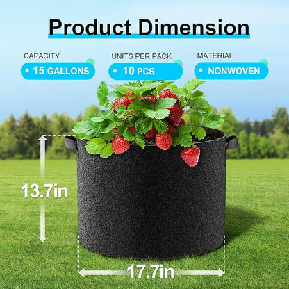 Land Guard 10-Pack Fabric Grow Bags 15 Gallon, Thickened Nonwoven Garden Pots, Growing Bags with Handles, Black