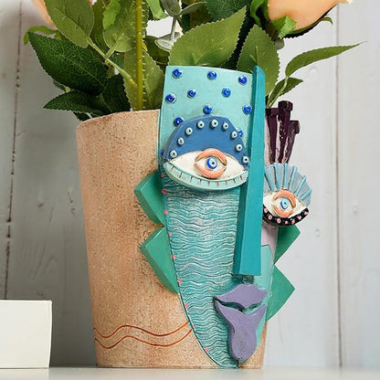 Picasso Flower Pot/Vase, Unique Planters, Abstract Face Flower Pots, with Drainage Holes, Handcrafted Resin Vases for Artistic Home Décor (Small)