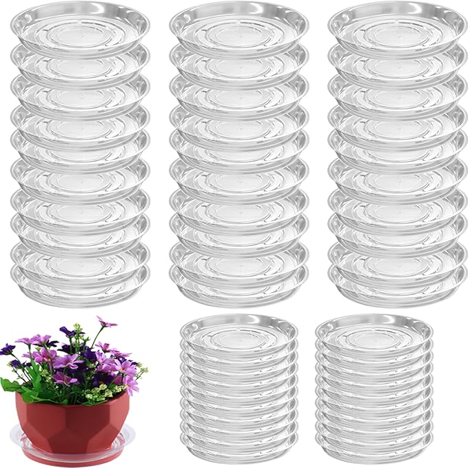 50 Packs 8 Inches Clear Plant Saucers for Indoor Outdoor Use Heavy Duty Plastic Plant Trays for Planter Bulk Flower Pot Drip Trays to Catch Water, 4 to 20 Inch, Round Transparent