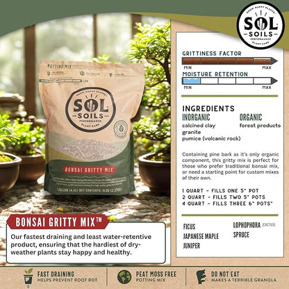 Sol Soils Gritty Bonsai Soil Potting Mix - Fast Draining and Peat Moss Free with Pine Bark, Granite, Pumice, & Calcined Clay for Indoor and Outdoor Plants - 1 Gallon