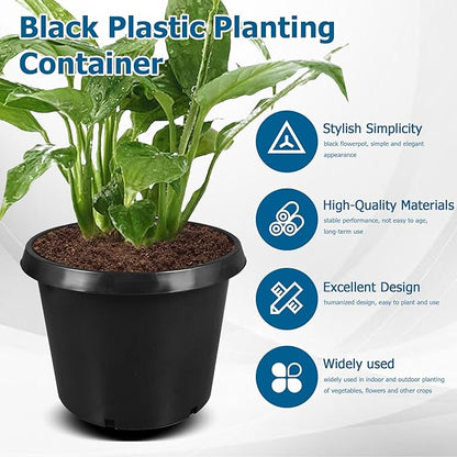 10 Pack Plastic Planter Nursery Pots 15 Gallon Pots for Plants, Bulk Plastic Flower Pot, Round Black Grower Pot with Drainage Hole for Indoor and Outdoor