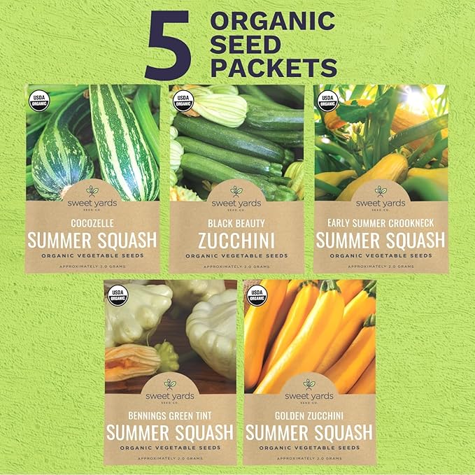 Organic Summer Squash Seeds Variety Pack - 5 Individual Packs - 2026 Season - Black Beauty, Cocozelle, Golden Zucchini and More! for Indoor & Outdoor Planting (Non-GMO, Certified Organic)