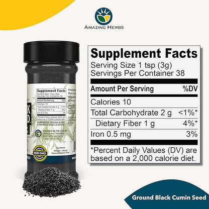 Amazing Herbs Premium Ground Black Cumin Seeds - Finely Ground Nigella Sativa, Gluten Free, Non GMO, Supports Cardiovascular Function & Preserves Digestive Health - 4 Oz