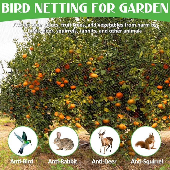 15x20 FT Bird Netting for Garden,Heavy Duty Bird Netting for Chicken Coop with Ties and Staples for Vegetable, Fruit Trees,Plants, Lasting Against Birds Deer Squirrels and Poultry (Black)