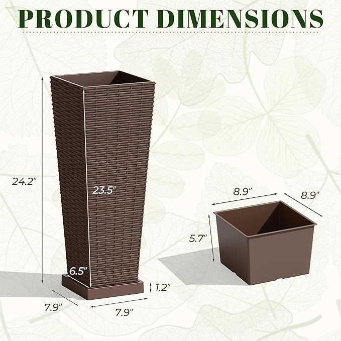 JUMMICO Set of 2 Resin Rattan Tall Planters for Outdoor Plants, Large Tapered Planters with Drainage Holes, Inner Trays and Outer Saucers, Flower Pots for Garden, Patio, Porch, Backyard (Brown, 24")