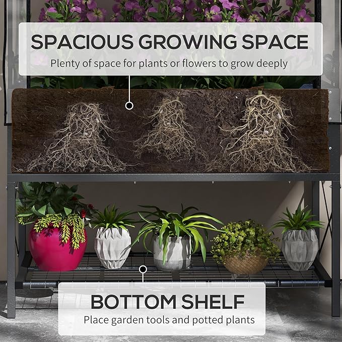 Outsunny Raised Garden Bed with Cover and Storage Shelf, Rectangular Metal Elevated Planter Box with Legs and Bed Liner for Vegetables, Flowers, Herbs, Black