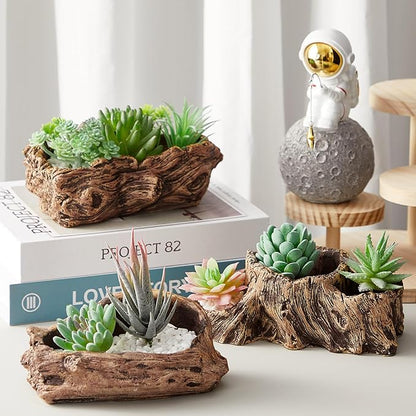 3 Pcs Driftwood Stump Log Concrete Planter Driftwood Planter Succulent Pot Plant Pot for Succulents for Outdoor Indoor Home Patio Garden Decoration (Retro)