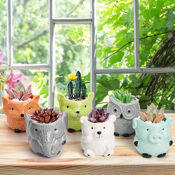 Frcctre 6 Pack Small Ceramic Succulent Planter With Drainage and Bamboo Tray, Cute Animal Flower Pots for Indoor Plants, Cactus, Garden, Home Decor