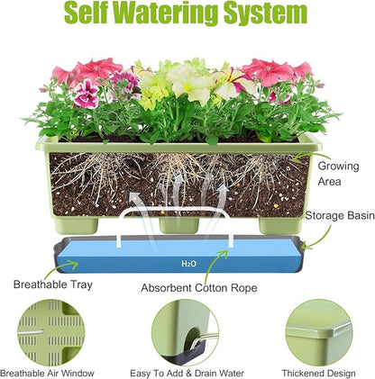 Window Box Planter 8 Pcs, 17 Inches Rectangle Flower Pots with Drainage Holes & Trays, Vegetable Planters for Windowsill Patio Garden Balcony Home Indoor Outdoor (Light Green, 16 * 7 * 6 inch)