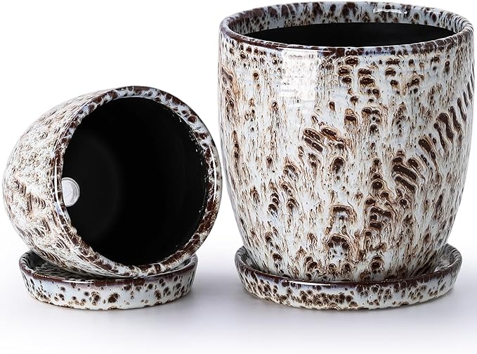 4+5.75 Inch Ceramic Planter Set of 2 with Drainage Hole and Saucer for Plants, Indoor-Outdoor Large Round Succulent Orchid Flower Pot -Reactive Glaze Speckled(Inner-pots not Larger Than 5 Inch)