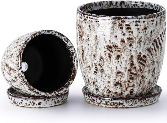 4+5.75 Inch Ceramic Planter Set of 2 with Drainage Hole and Saucer for Plants, Indoor-Outdoor Large Round Succulent Orchid Flower Pot -Reactive Glaze Speckled(Inner-pots not Larger Than 5 Inch)