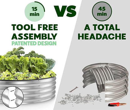 Round Galvanized Raised Garden Bed // 4×4×1 ft (2-Pack) Galvanized Raised Garden Beds Outdoor for Gardening, Vegetables, Flowers // Patented Tool-Free Design Round Planter (Silver)