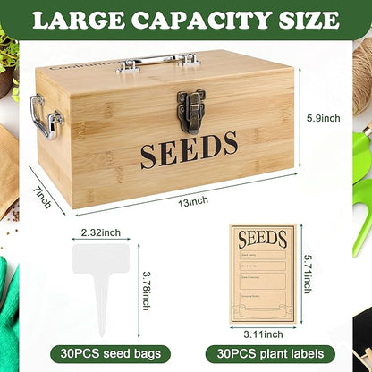 Coolrunner Wood Seed Saving Box, Seed Storage Organizer Case, Seed Packet Storage Organizer with Lock and 3 Handles, 30P Plant Labels, 30P Seeding Envelopes Bag (Natural Wood Color)