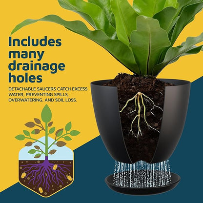 Black Plant Pots with Drainage Holes & Saucers 15 Pack, Indoor & Outdoor Stackable Space-Saving Planters for Houseplants & Flowers, (7", 6.7", 6", 5.3", and 4.8" Inches), Durable & Weatherproof