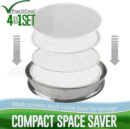 Garden Potting Mix Sieve - Stainless Steel Riddle - Soil sifting pan - with 4 Interchangeable Filter mesh Sizes - 3,6,9,12 mm and Bonus Spade