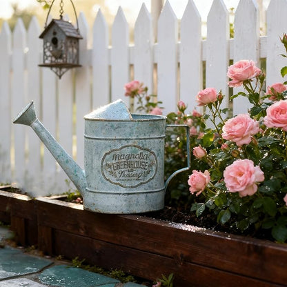 Vintage Galvanized Metal Watering Can, Magnolia Greenhouse Design, Decorative Watering Pot, Functional Garden Waterer for Indoor Outdoor Plant Care, Rustic Decor for Home Garden Patio