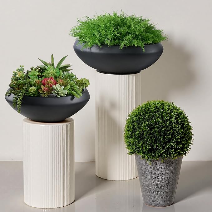 Large Bowl Planter, 23.3"Dia x 8"H Succulent Pot with Drain Hole, 21"Opening Flowerpot for Herbs, Bonsai, and Shallow-root Plants, Concrete Planters for Indoor Outdoor Garden, Patio Decor, Large-Black