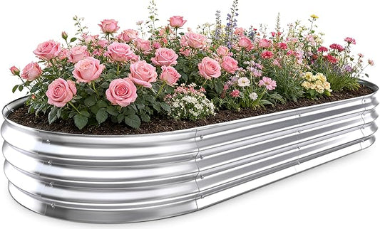 Galvanized Raised Garden Bed Outdoor, 8x4x1ft Metal Heavy Duty Planter Boxes for Gardening, Easy Assemble Large Oval Plant Container Kit for Vegetables, Flowers, Fruits, Silver, 1 Pack