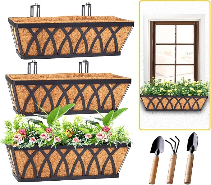 HKZ Deck Balcony Railing Planter Window Boxes - 3 Pack 24 Inch Planter Box, Balcony Planters Railing Hanging, Window Boxes Outdoor Fence Planters