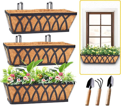 HKZ Deck Balcony Railing Planter Window Boxes - 3 Pack 24 Inch Planter Box, Balcony Planters Railing Hanging, Window Boxes Outdoor Fence Planters