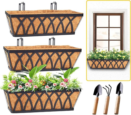 HKZ Deck Balcony Railing Planter Window Boxes - 3 Pack 24 Inch Planter Box, Balcony Planters Railing Hanging, Window Boxes Outdoor Fence Planters