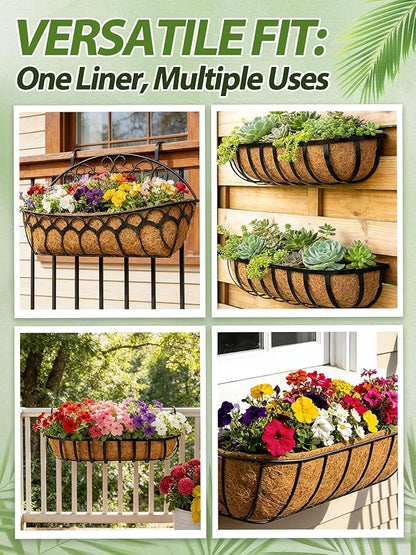36in Arched Coco Liners for Window Planter Box - 4 Pack 100% Natural Coconut Coir Fiber Liner Replacement for Deck Flower Box, Garden Railing Fence Trough, Wall Planter Basket