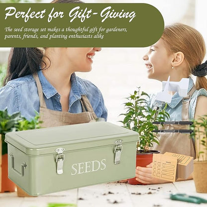 Seed Storage Box, Professional All-in-one Kit with 2 Pens, 20 Plant Labels and 50 Seed Envelopes, Metal Storage Organizer, Saving Box, Seed Packet Container, Large, Green