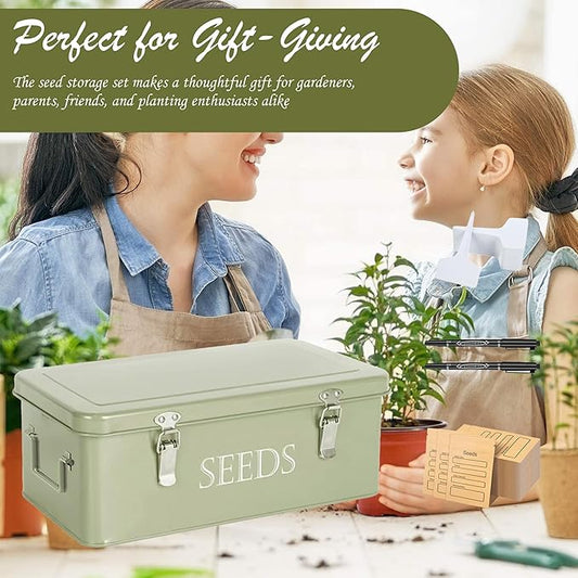 Seed Storage Box, Professional All-in-one Kit with 2 Pens, 20 Plant Labels and 50 Seed Envelopes, Metal Storage Organizer, Saving Box, Seed Packet Container, Large, Green