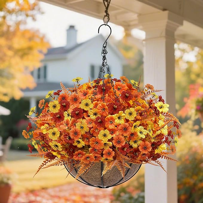 Artificial Fake Hanging Baskets Fall Flowers for Outdoors Decoration, 189 Silk Mums & 54 Boston Ferns UV Resistant Look Real Faux Plants for Outside Yard Patio Porch Garden Balcony Home Autumn Decor