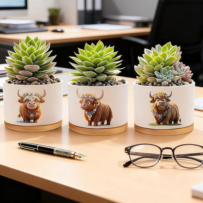Highland Cow Planters for Indoor Plants – 1350°C Kiln-Fired Fine Ceramic Succulent Planter Set of 3, Funny Animal Pots for Room, Bathroom, Yoga, Meditation Decor (No Plant Included)
