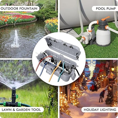 RESTMO Outdoor Electrical Box, IP54 Weatherproof Extension Cord Cover with 6 Cable Entry Ports, Waterproof Connection Box Protect Power Strip, Timer, Plug (11.5x5.2x4 inch), Light Gray