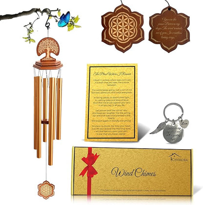 Wind Chimes Outdoor - Sympathy Gift for Loss of a Loved one, 36" Funeral Gift Includes a Letter from Heaven & Keepsake Keychain, Deep Toned, Double Sided Engraving Hexagonal Pendant - Golden
