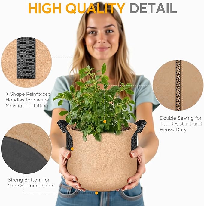 YSSOA Grow Bags 12 Pack 7 Gallon 300G Reusable Breathable Gardening Pots with Handles Non-Woven Fabric Plant Bags, Heavy Duty Planting Bags for Grow Tent Hydroponic & Outdoor Vegetables Tomatoes, Tan