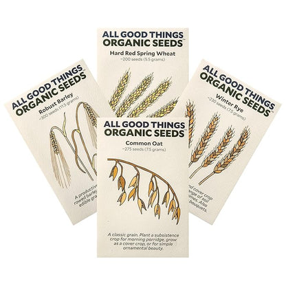 All Good Things Organic Great Grains Seeds for Planting: 4 Packet Collection - Barley, Oat, Rye, Wheat - Heirloom Variety Pack