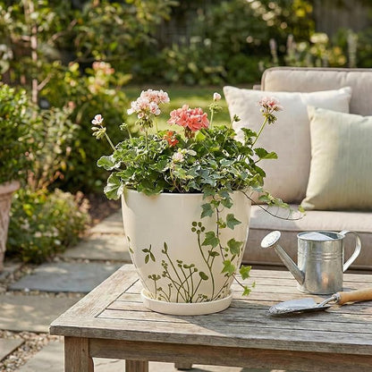 Indoor Plant Pot 8.2 Inch - Ceramic Planter with Drainage Hole and Saucer, Boho Round Decorative Flower Pot for Indoor Outdoor Flowers, Plant Lover Gifts, Office Home Garden Patio Decor, White