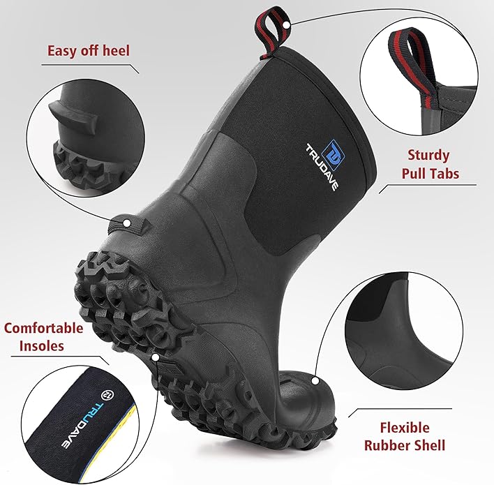 Trudave Rubber Boots for Men, 6mm Neoprene Insulated Mud Boots with Steel Shank, Men's Mid Calf Waterproof Rain Boots,Anti-Slip Rubber Work Boots for Farming Gardening Fishing,Size 7-13