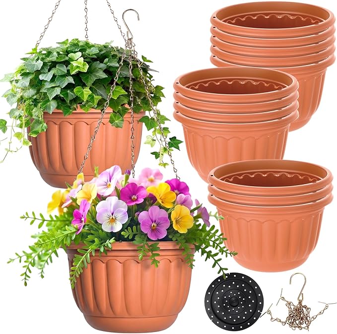 12 Sets Hanging Planters for Indoor and Outdoor Plants Terracotta Self Watering Hanging Basket Flower Pots Plastic Plant Pots with Drainage Hole and Absorbing Tray (10 Inch)
