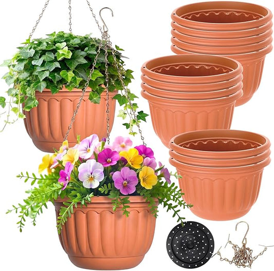 12 Sets Hanging Planters for Indoor and Outdoor Plants Terracotta Self Watering Hanging Basket Flower Pots Plastic Plant Pots with Drainage Hole and Absorbing Tray (10 Inch)