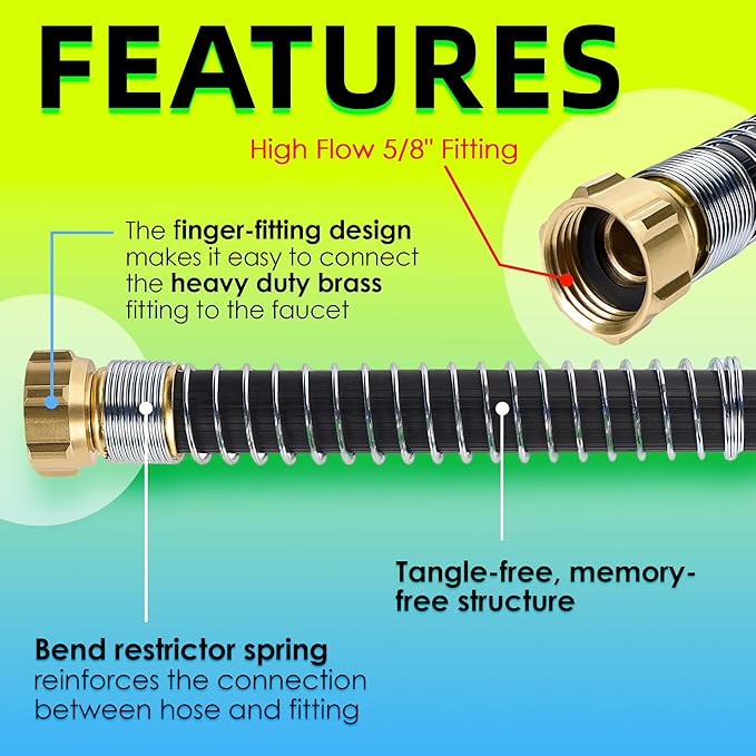 5/8 IN. × 5FT. Flexible Rubber Garden Hose, High Flow 5/8" I.D. Brass Fitting No Memory Durable Heavy Duty Water Hose Leader Hose for Watering, Irrigation, Water Transfer Pump