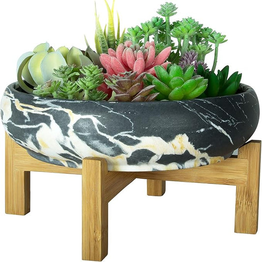 ARTKETTY Succulent Pot, Large Succulent Planters with Stand, 10 Inch Ceramic Bonsai Pots with Drainage Round Marble Cactus Flower Plant Bowl for Indoor/Outdoor