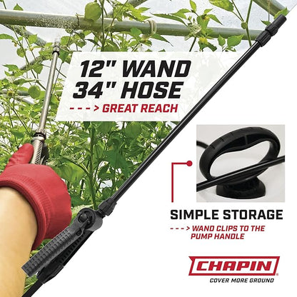 Chapin 20005 Pump Sprayer, 2‑Gallon, Lawn & Garden, Translucent Poly Tank, Funnel‑Top, SureSpray Anti‑Clog Filter, Adjustable Cone Nozzle & 34" Hose for Fertilizer, Weed & Pest Application