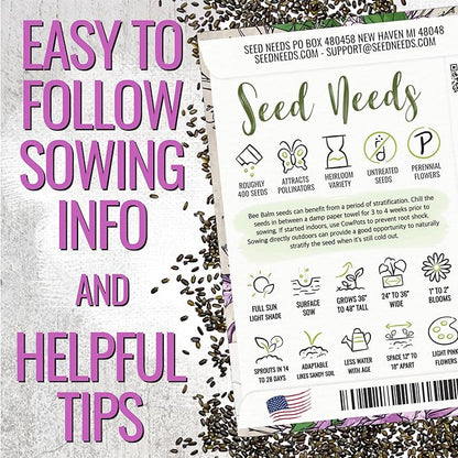 Seed Needs Bee Balm Seeds for Planting Wild Bergamot - Heirloom & Open Pollinated Perennial Flowers to Grow a Butterfly Garden to Attract Bees, Butterflies & Other Pollinators (5 Packs)