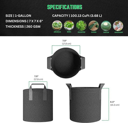 247Garden 5-Pack 1-Gallon Aeration Fabric Pot/Plant Grow Bag w/Handles (260 GSM, Black, 6H x 7D)