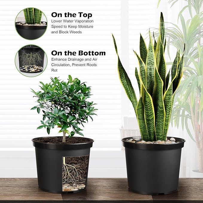5 Gallon Pots with 20lbs Rocks, 12 Inch Plastic Nursery Pots with Drainage Holes, Round Sturdy Garden Pots with Stones, Deep Nursery Pots for Plants, Gardening Gifts for Women (10-Pack, Black)