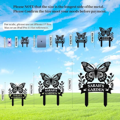 Custom Metal Butterfly Garden Sign with Stake, Personalized Garden Signs for Outside, Customized Garden Name Signs for Yard Lawn Outdoor Decor Gardening Gifts for Moms Grandmas Gardeners