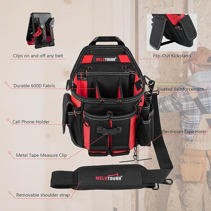MELOTOUGH Professional Electrician Tool Pouch Bag with Shoulder Strap Tool Pouch with Belt Clip Quickly Attach and Release Tool Bag