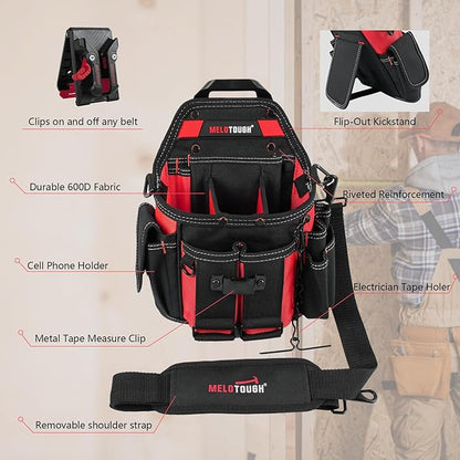MELOTOUGH Professional Electrician Tool Pouch Bag with Shoulder Strap Tool Pouch with Belt Clip Quickly Attach and Release Tool Bag