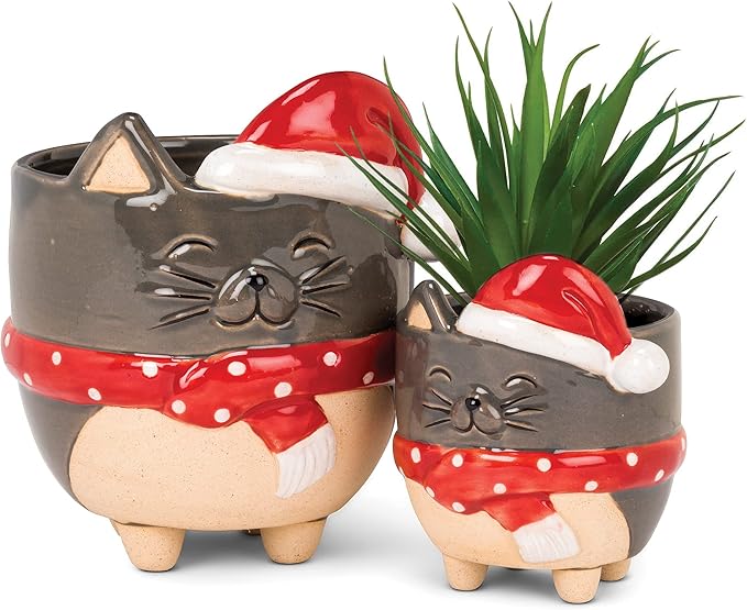 Abbott Collection 27-CRITTER-973-SM Small Cat with Santa Hat Planter, 3.5" H