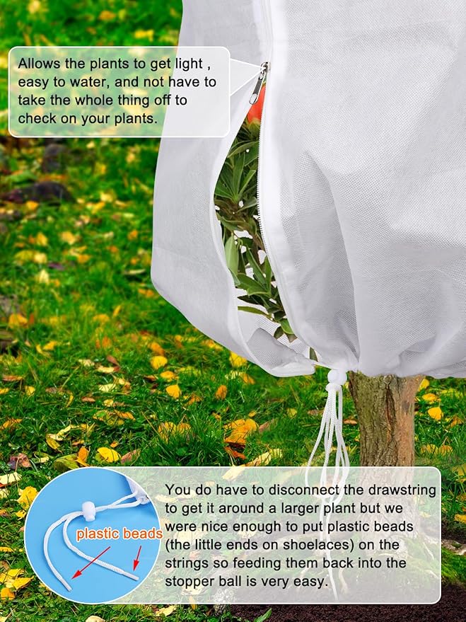 Abimars Thicker Plant Covers Freeze Protection Jacket 2.36 oz/yd², 2.6'x2.6' Reusable Winter Plant Covers with Drawstring & Zipper, 2 Pack Light, Porous Fabric for Plant Breathing