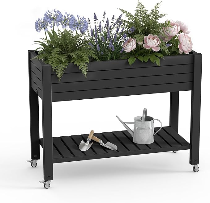 EasyUp 21 Gallon Raised Garden Bed with Legs and Wheels, Raised Planter Box with Drainage Plug and Gauge, Lower Shelf for Tools and Accessories, Dust-Proof Resin for Patio and Backyard(Black)
